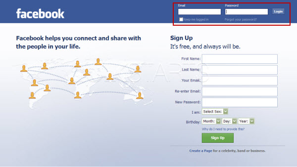 login to facebook. Locate the login fields in the upper right hand corner of the page.